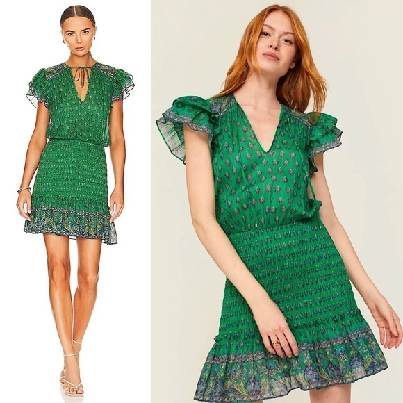 VERONICA BEARD Floral Paisley Smocked Flutter Short Sleeve Ruffled Mini Dress 8 - Picture 1 of 13